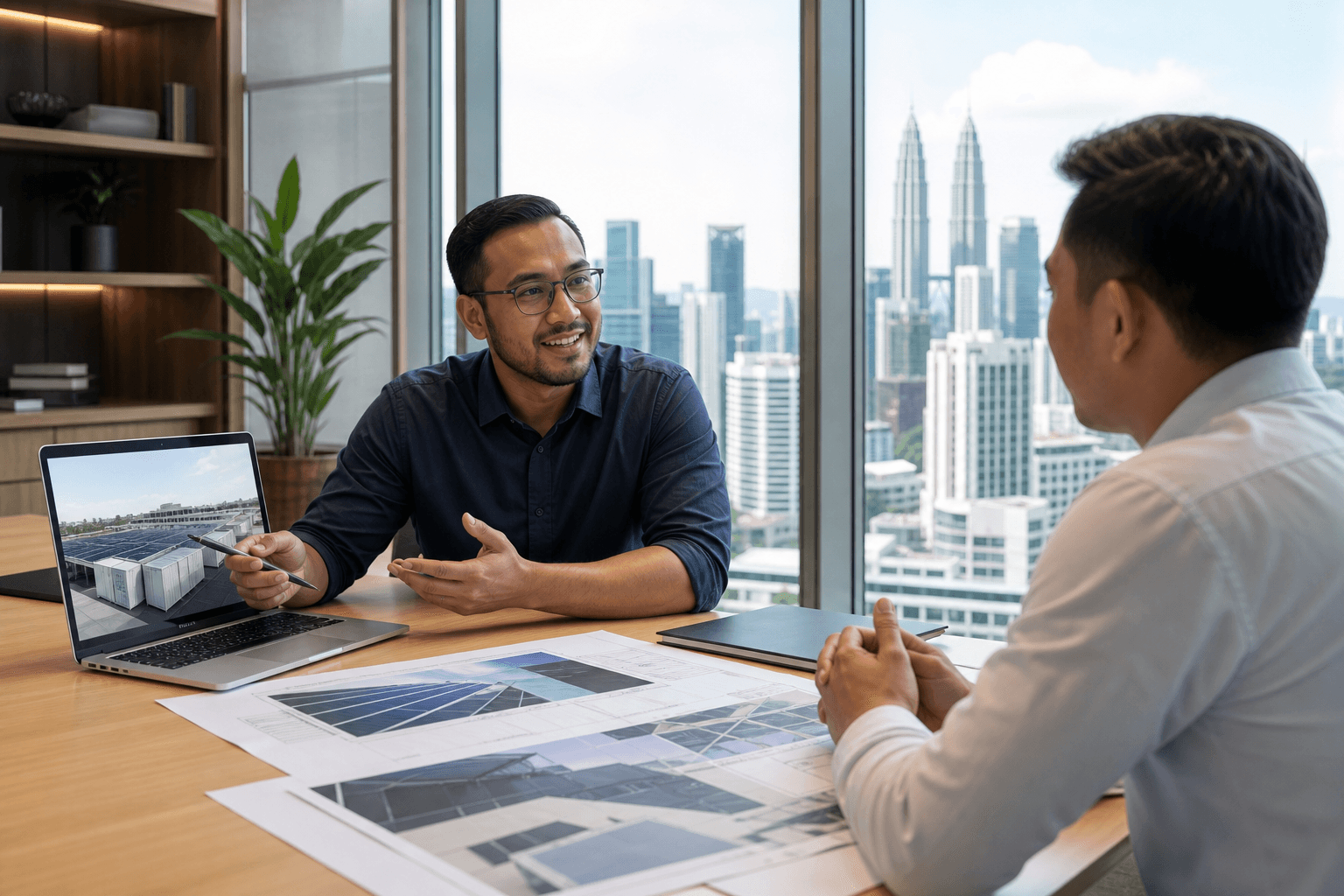 A Solunar energy consultant discussing a Solar + BESS project with a client in Kuala Lumpur