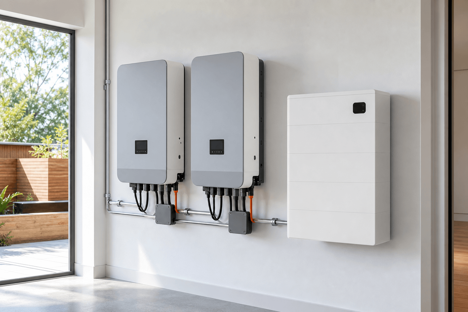 Solar hybrid inverters mounted on a wall beside a compact home battery