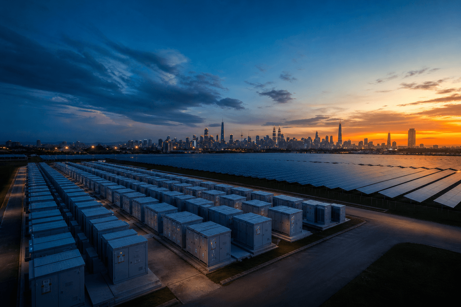 Battery energy storage containers beside a solar farm at twilight with a Malaysian city skyline