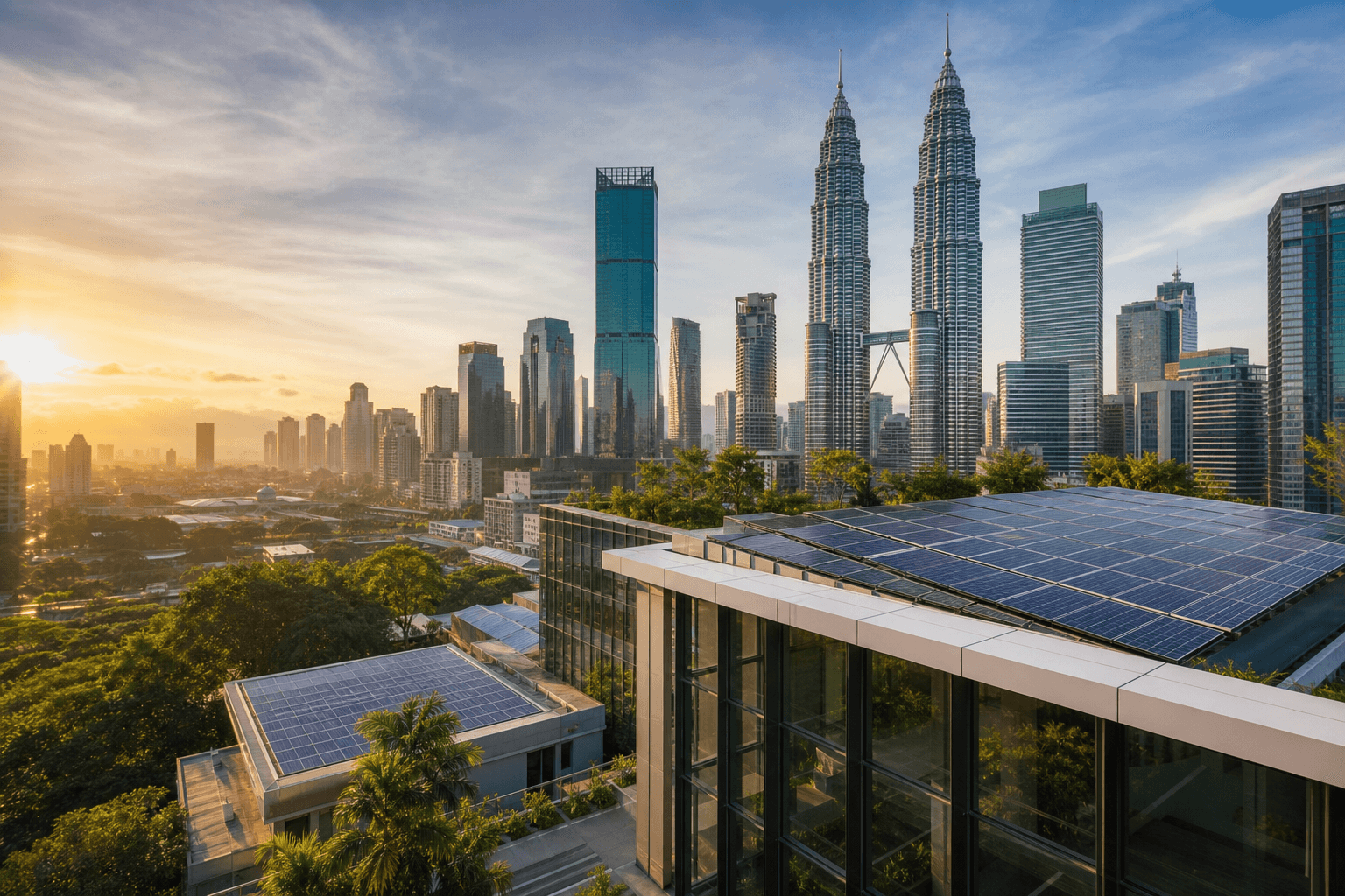 Kuala Lumpur city skyline at golden hour with rooftop solar on commercial buildings