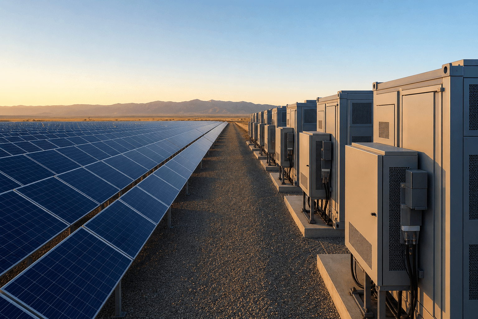 Solar PV array on the left and a row of battery energy storage containers on the right