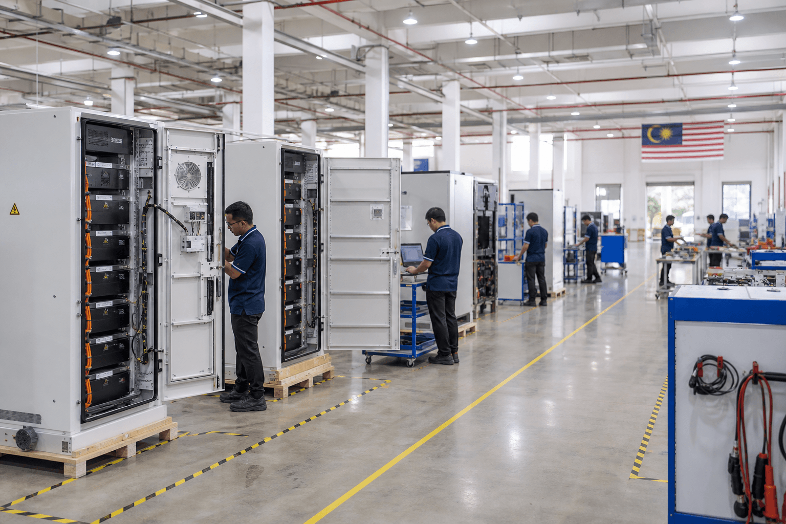 Technicians assembling battery energy storage cabinets on a factory floor in Malaysia
