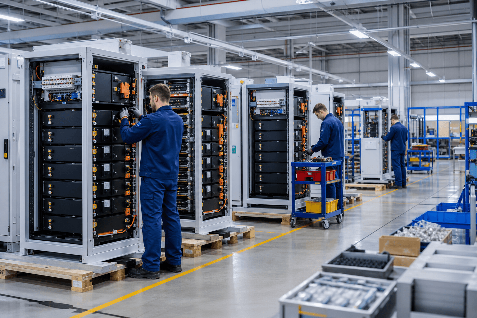 Workers assembling and integrating battery energy storage cabinets on a production floor
