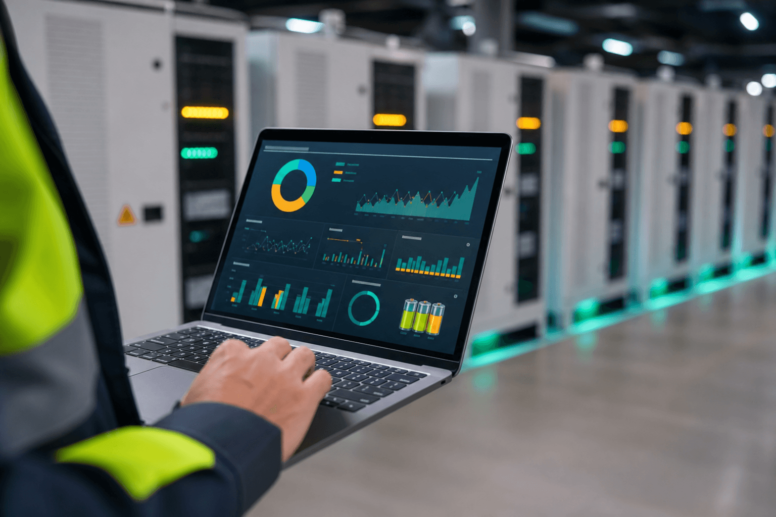 Energy-management dashboard on a laptop in front of battery storage cabinets