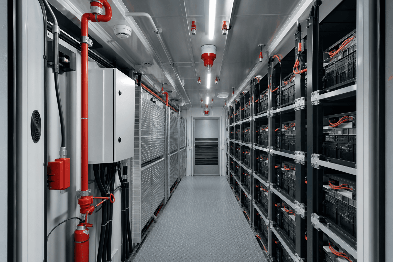 Interior of a BESS container showing fire suppression, gas detection and thermal management