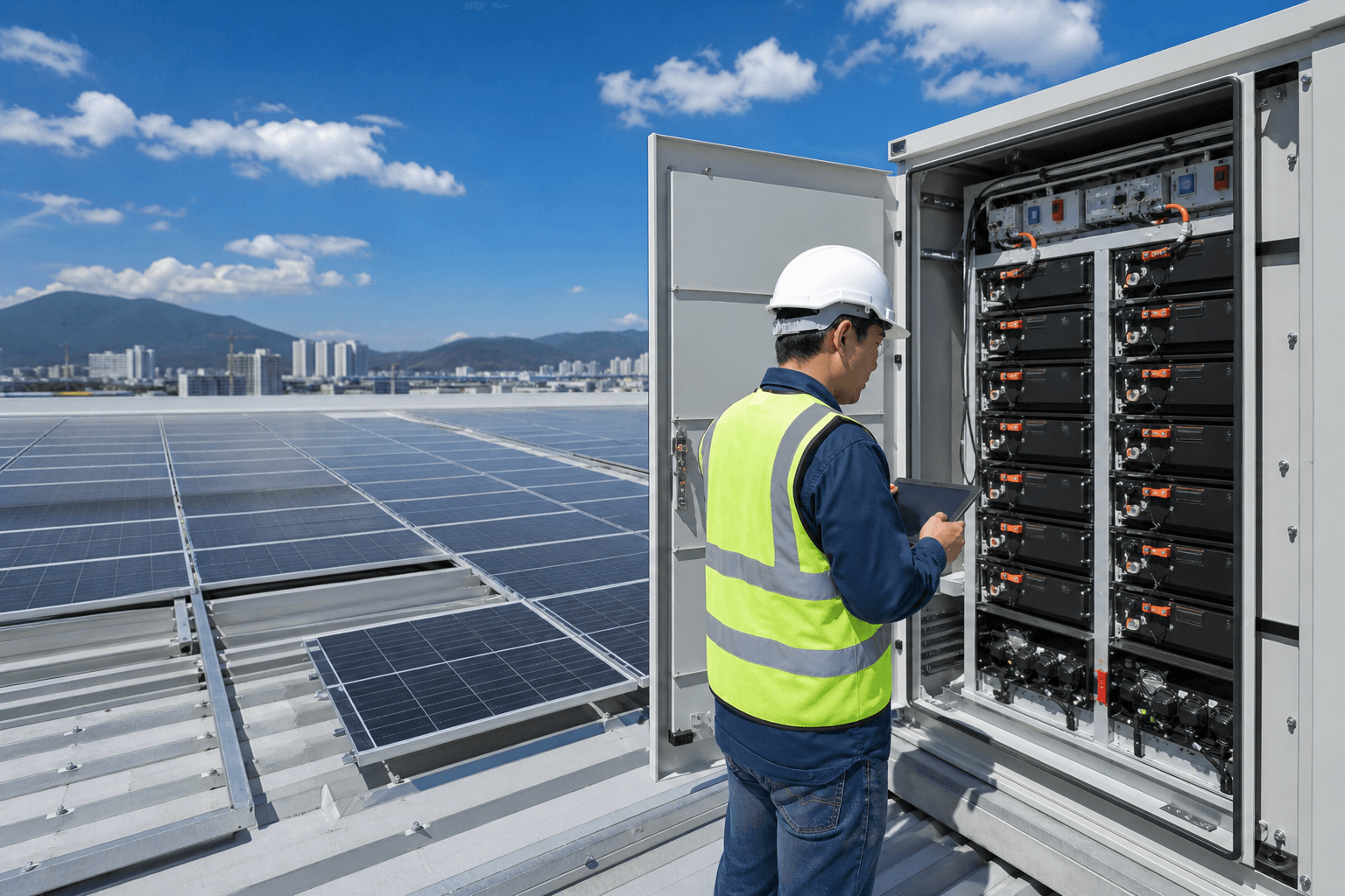 Solar panels and a battery storage cabinet with an engineer at a Malaysian commercial site